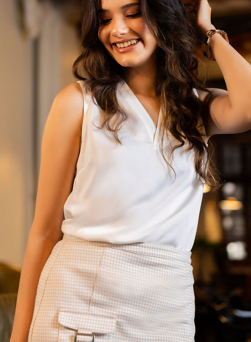 Gingham Mini Skirt With A Buckle - Beige